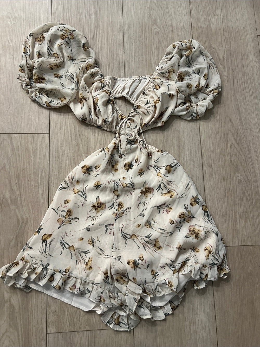Cream Floral Cutout Ruffle Romper with Puff Sleeves
